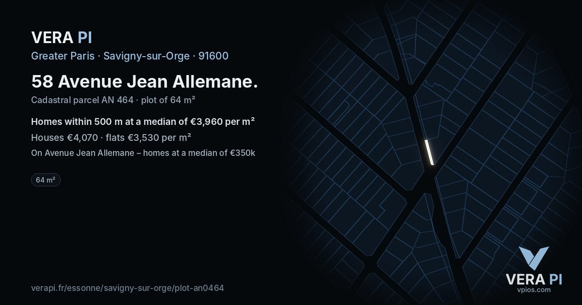 58 Avenue Jean Allemane, Savigny-sur-Orge at night – the plot lit, the parcels around coloured by the prices near them