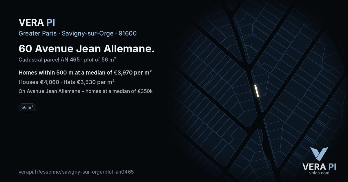 60 Avenue Jean Allemane, Savigny-sur-Orge at night – the plot lit, the parcels around coloured by the prices near them