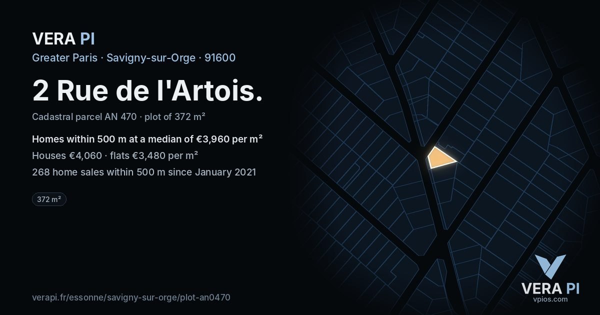 2 Rue de l'Artois, Savigny-sur-Orge at night – the plot lit, the parcels around coloured by the prices near them