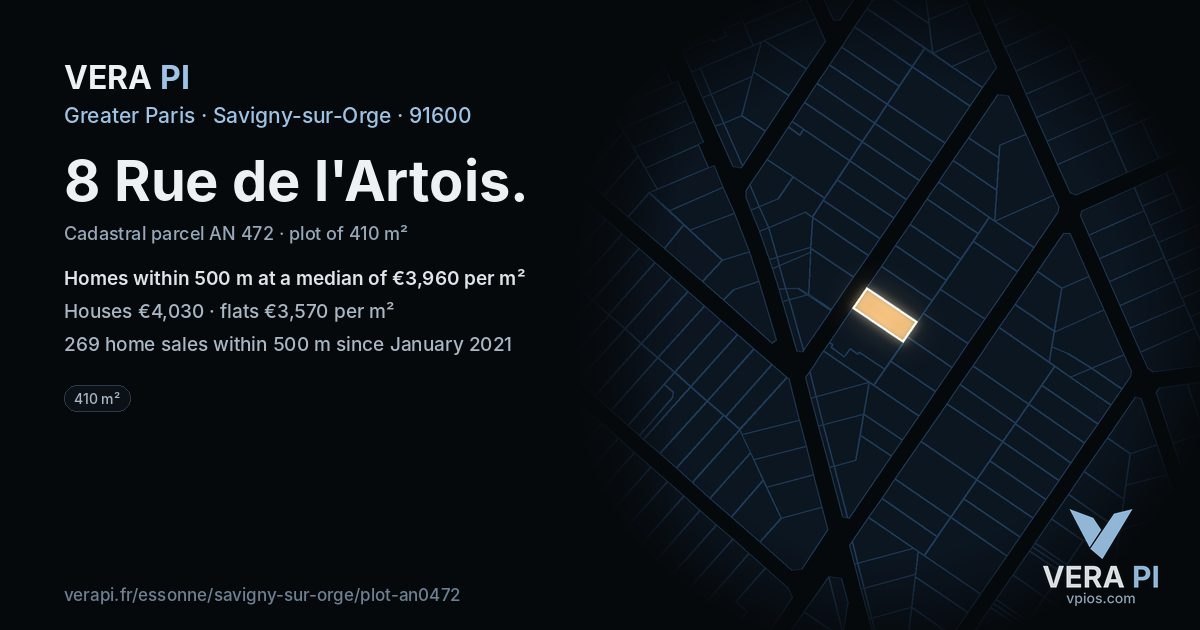 8 Rue de l'Artois, Savigny-sur-Orge at night – the plot lit, the parcels around coloured by the prices near them