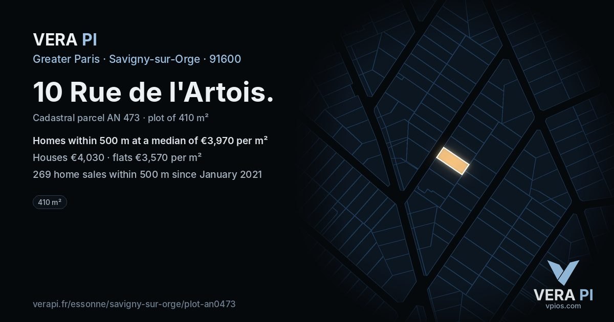 10 Rue de l'Artois, Savigny-sur-Orge at night – the plot lit, the parcels around coloured by the prices near them