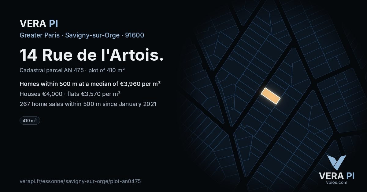 14 Rue de l'Artois, Savigny-sur-Orge at night – the plot lit, the parcels around coloured by the prices near them