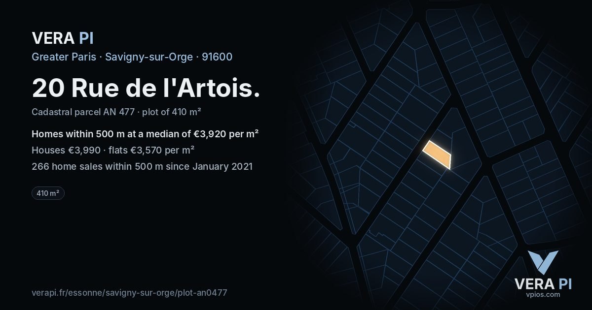 20 Rue de l'Artois, Savigny-sur-Orge at night – the plot lit, the parcels around coloured by the prices near them