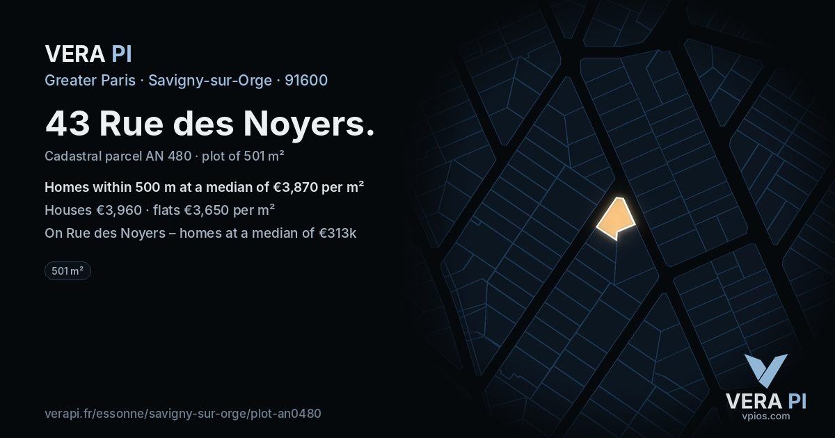 43 Rue des Noyers, Savigny-sur-Orge at night – the plot lit, the parcels around coloured by the prices near them