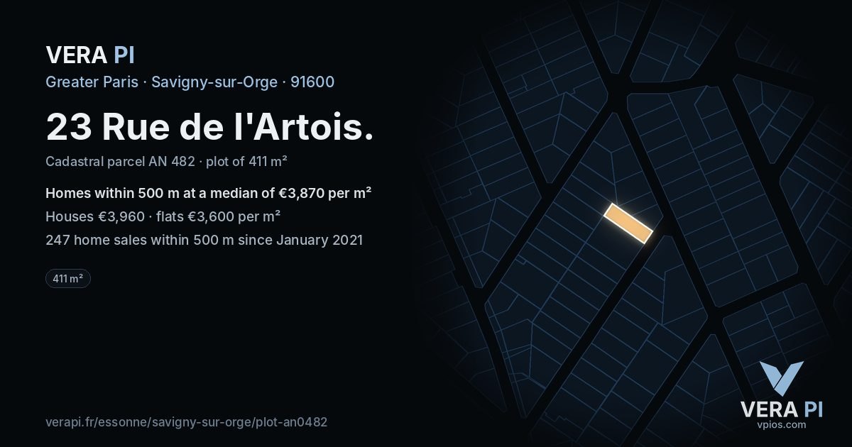 23 Rue de l'Artois, Savigny-sur-Orge at night – the plot lit, the parcels around coloured by the prices near them
