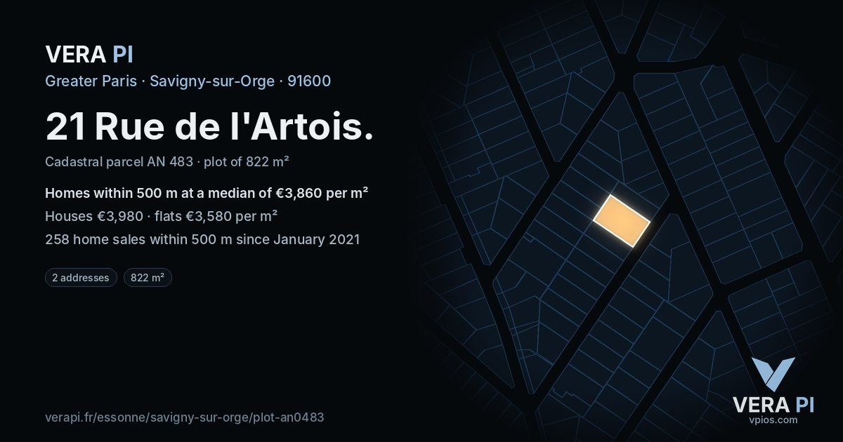 21 Rue de l'Artois, Savigny-sur-Orge at night – the plot lit, the parcels around coloured by the prices near them
