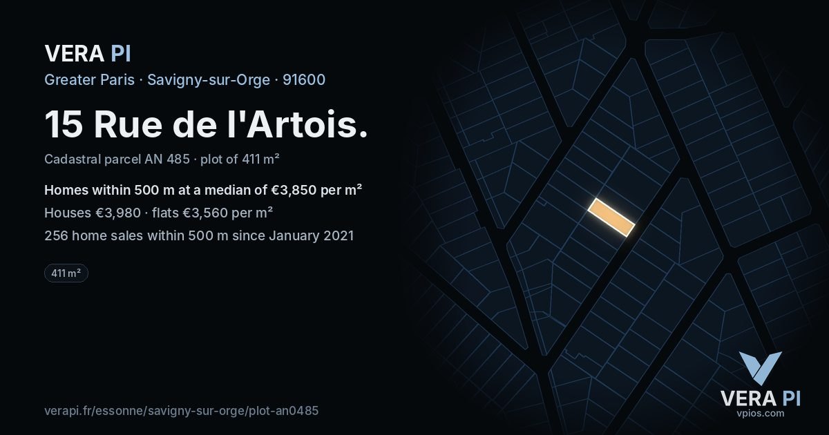 15 Rue de l'Artois, Savigny-sur-Orge at night – the plot lit, the parcels around coloured by the prices near them