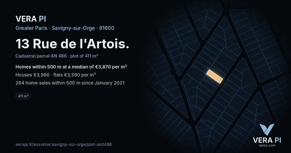 13 Rue de l'Artois, Savigny-sur-Orge at night – the plot lit, the parcels around coloured by the prices near them