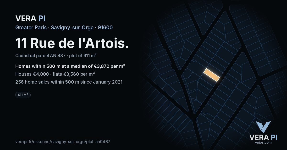 11 Rue de l'Artois, Savigny-sur-Orge at night – the plot lit, the parcels around coloured by the prices near them