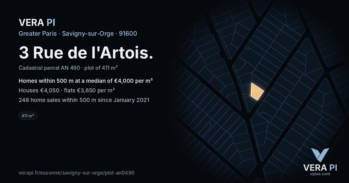 3 Rue de l'Artois, Savigny-sur-Orge at night – the plot lit, the parcels around coloured by the prices near them