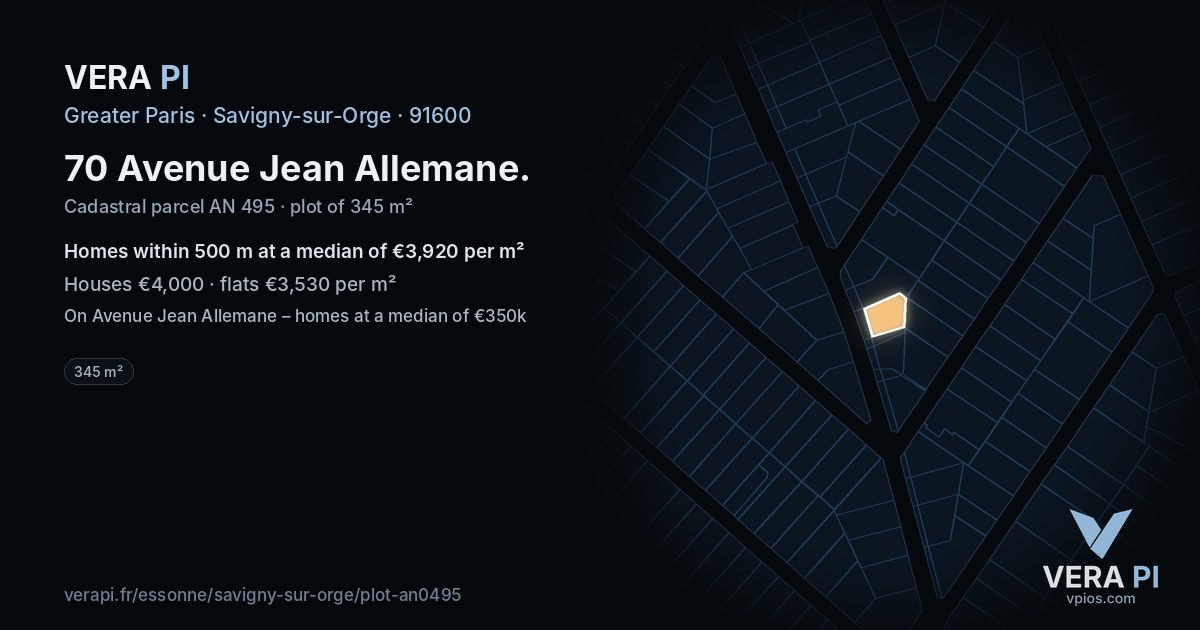 70 Avenue Jean Allemane, Savigny-sur-Orge at night – the plot lit, the parcels around coloured by the prices near them