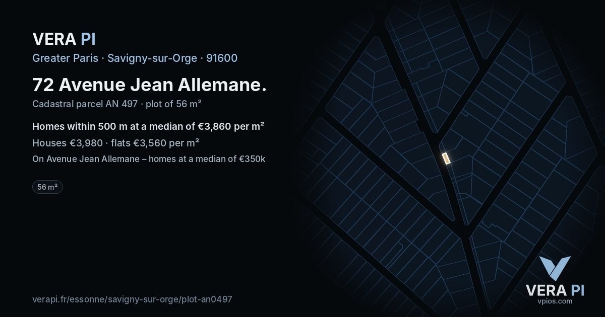 72 Avenue Jean Allemane, Savigny-sur-Orge at night – the plot lit, the parcels around coloured by the prices near them