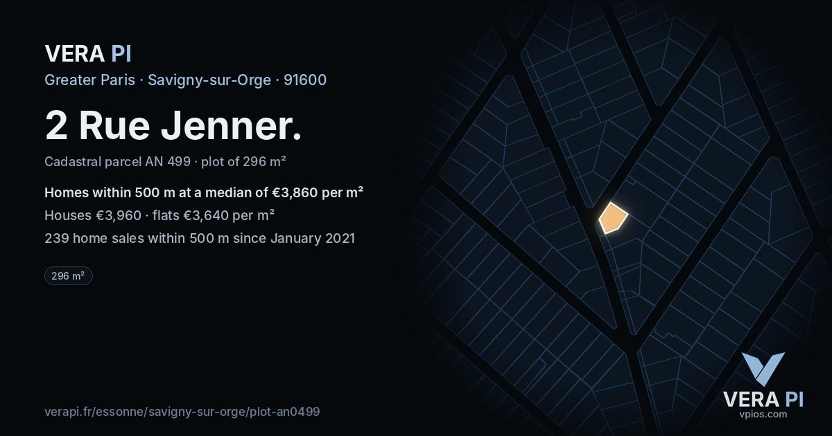2 Rue Jenner, Savigny-sur-Orge at night – the plot lit, the parcels around coloured by the prices near them
