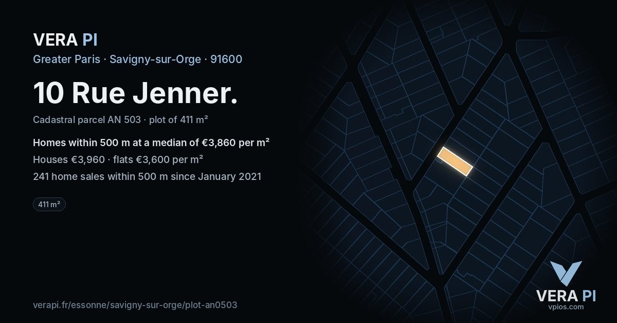 10 Rue Jenner, Savigny-sur-Orge at night – the plot lit, the parcels around coloured by the prices near them