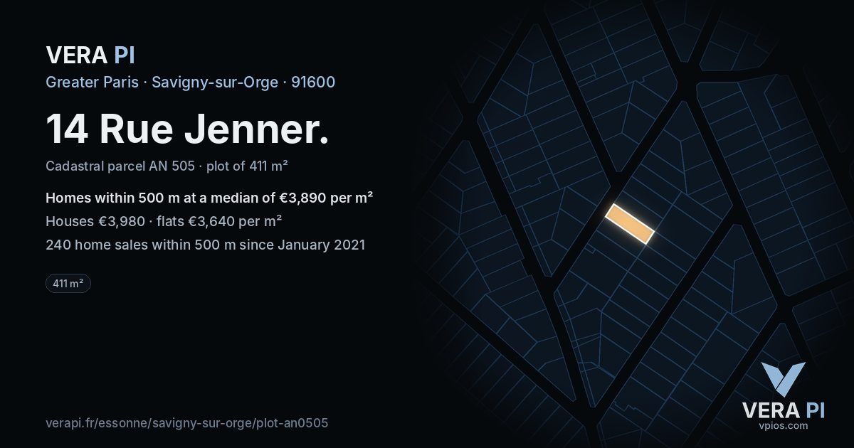 14 Rue Jenner, Savigny-sur-Orge at night – the plot lit, the parcels around coloured by the prices near them
