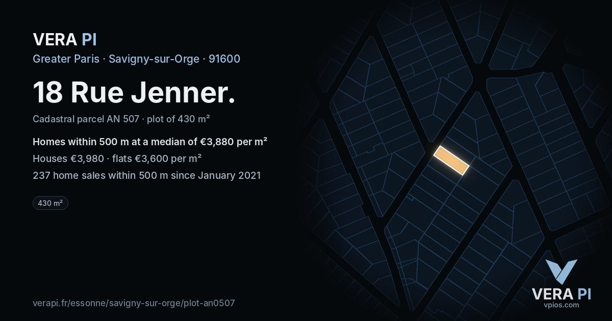 18 Rue Jenner, Savigny-sur-Orge at night – the plot lit, the parcels around coloured by the prices near them