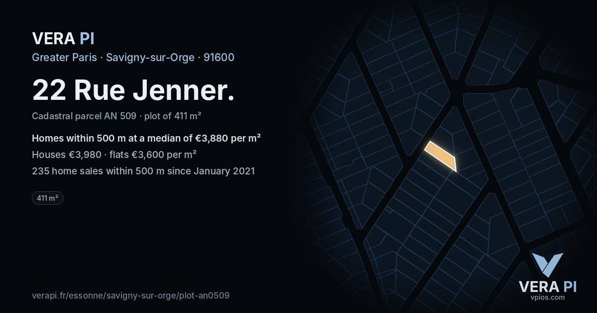 22 Rue Jenner, Savigny-sur-Orge at night – the plot lit, the parcels around coloured by the prices near them