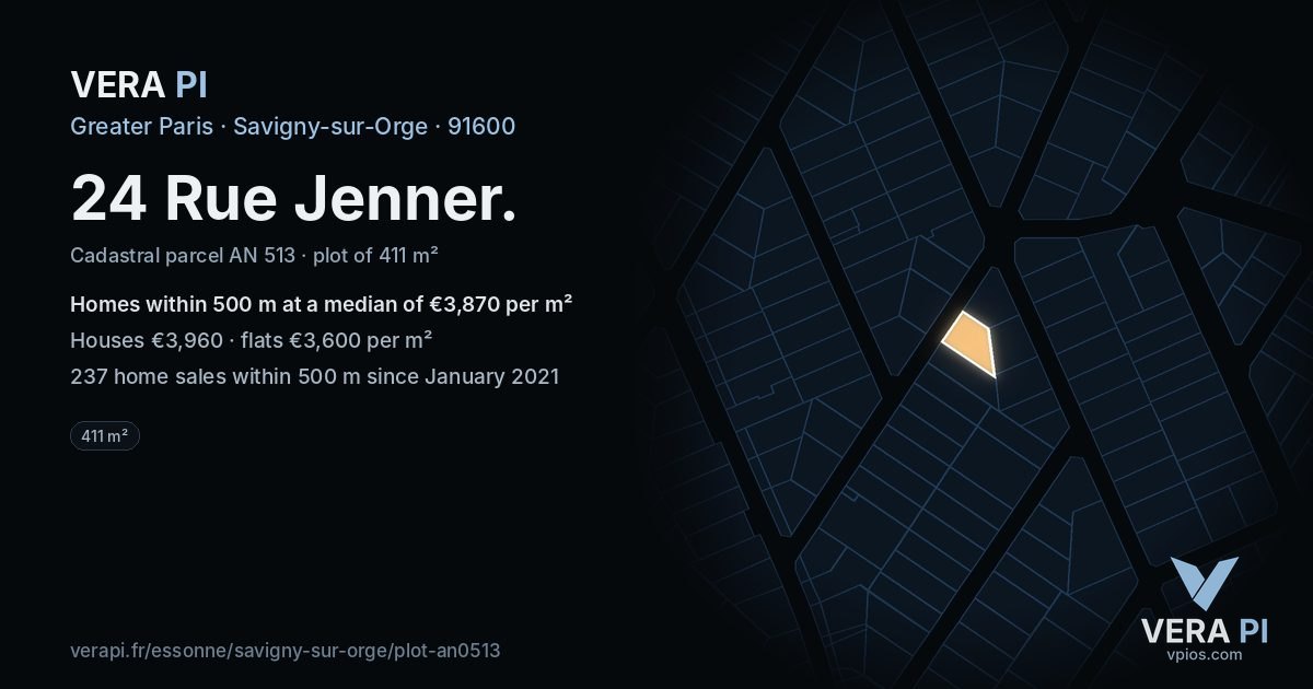 24 Rue Jenner, Savigny-sur-Orge at night – the plot lit, the parcels around coloured by the prices near them