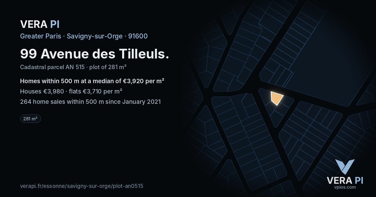 99 Avenue des Tilleuls, Savigny-sur-Orge at night – the plot lit, the parcels around coloured by the prices near them