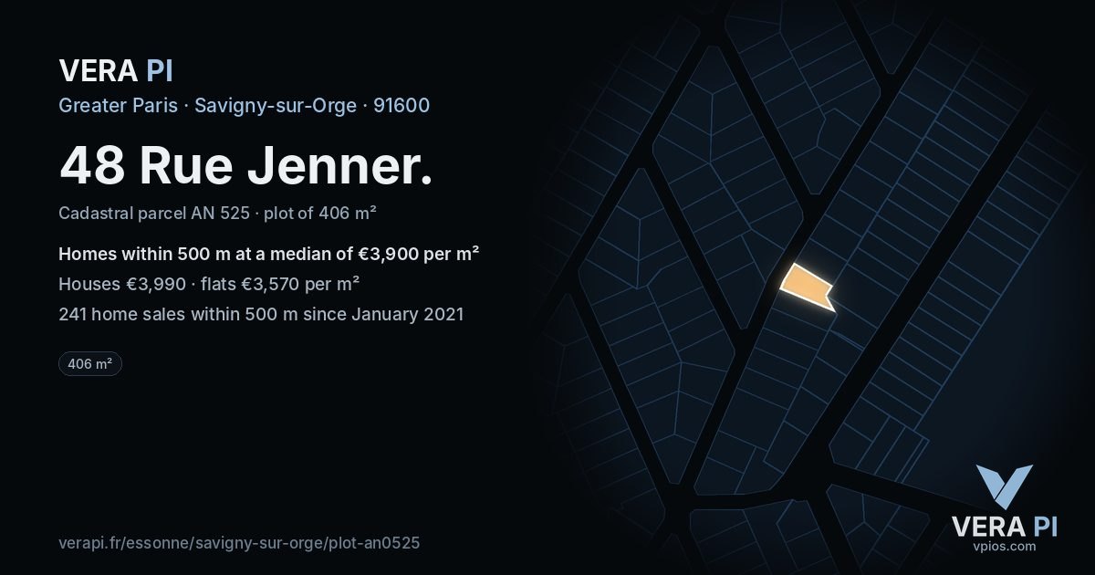 48 Rue Jenner, Savigny-sur-Orge at night – the plot lit, the parcels around coloured by the prices near them