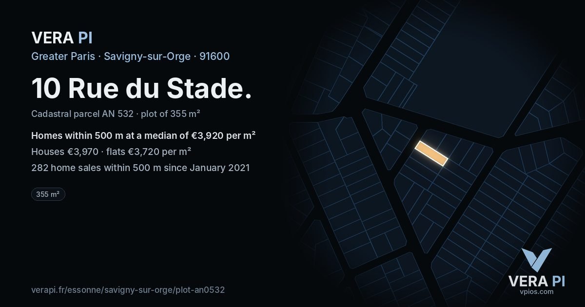 10 Rue du Stade, Savigny-sur-Orge at night – the plot lit, the parcels around coloured by the prices near them
