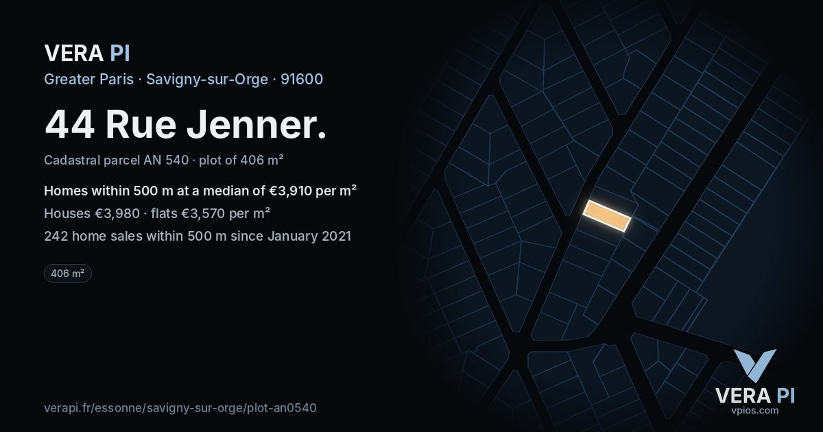 44 Rue Jenner, Savigny-sur-Orge at night – the plot lit, the parcels around coloured by the prices near them