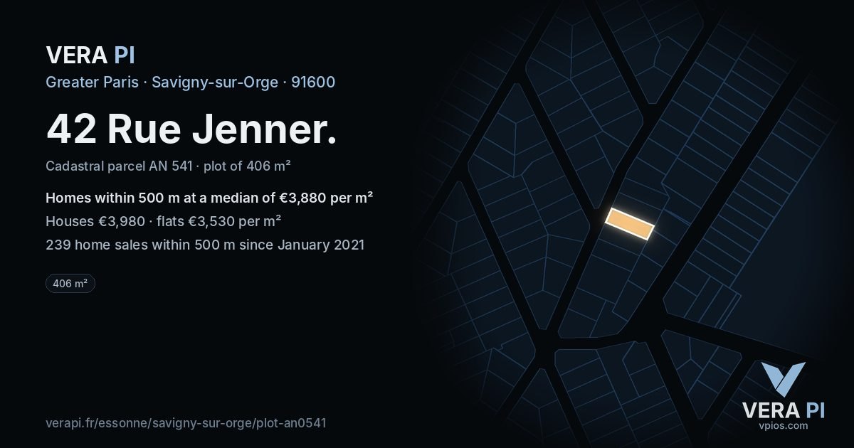 42 Rue Jenner, Savigny-sur-Orge at night – the plot lit, the parcels around coloured by the prices near them