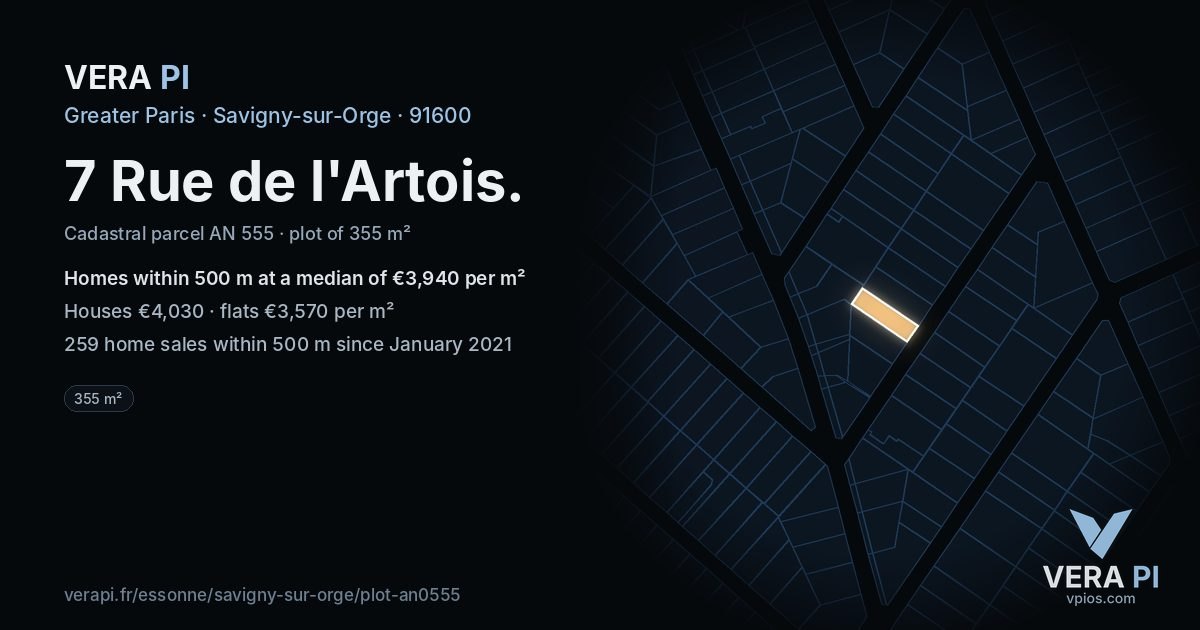 7 Rue de l'Artois, Savigny-sur-Orge at night – the plot lit, the parcels around coloured by the prices near them