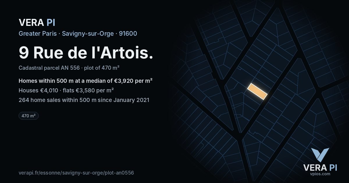 9 Rue de l'Artois, Savigny-sur-Orge at night – the plot lit, the parcels around coloured by the prices near them