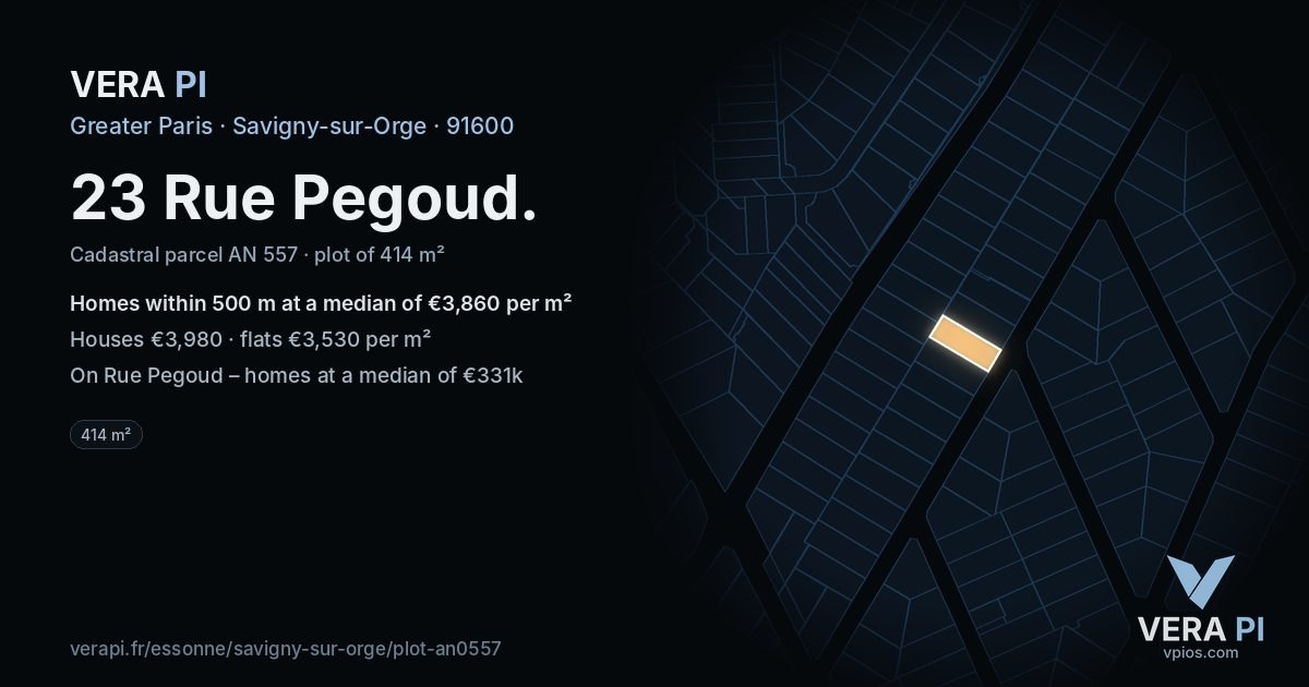 23 Rue Pegoud, Savigny-sur-Orge at night – the plot lit, the parcels around coloured by the prices near them