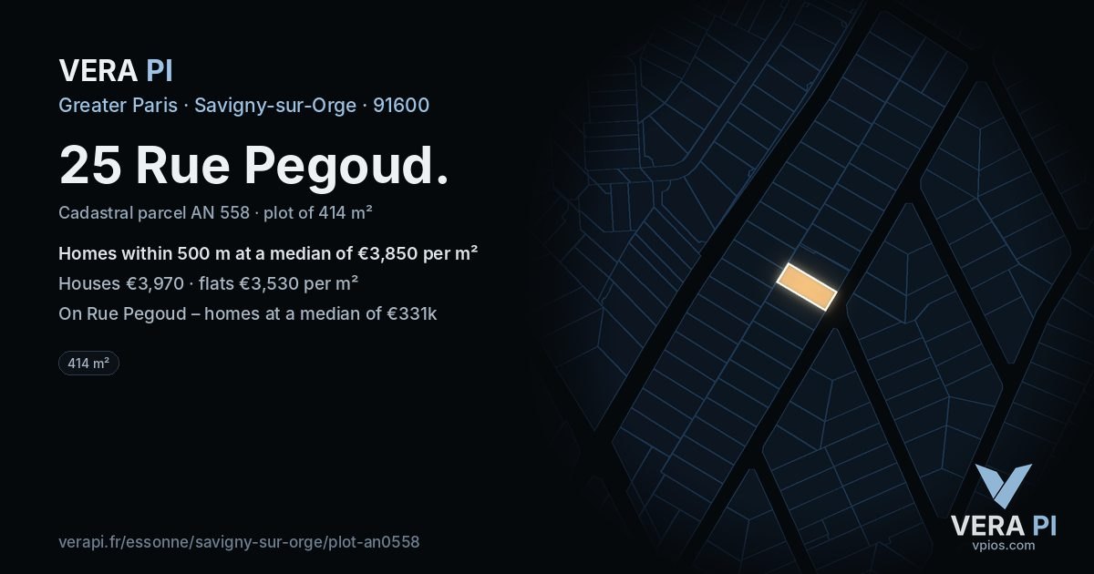 25 Rue Pegoud, Savigny-sur-Orge at night – the plot lit, the parcels around coloured by the prices near them