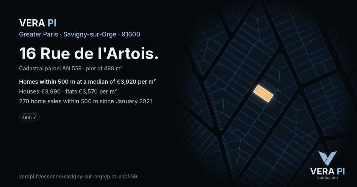 16 Rue de l'Artois, Savigny-sur-Orge at night – the plot lit, the parcels around coloured by the prices near them