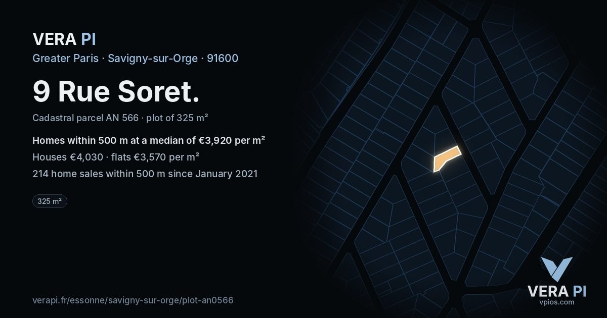 9 Rue Soret, Savigny-sur-Orge at night – the plot lit, the parcels around coloured by the prices near them