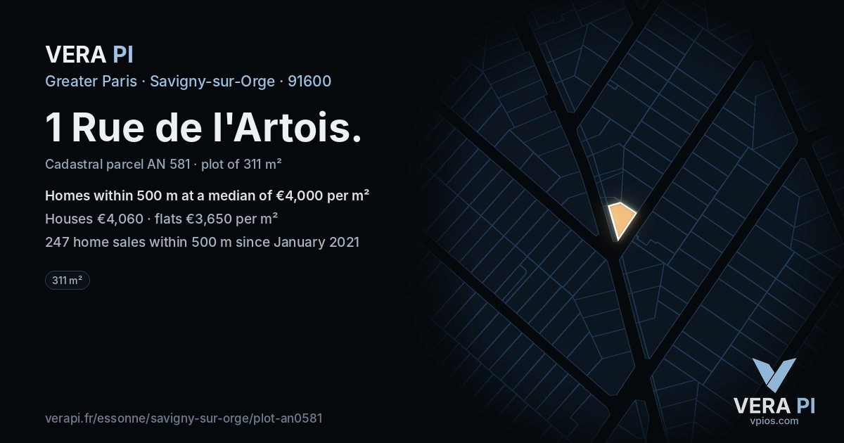 1 Rue de l'Artois, Savigny-sur-Orge at night – the plot lit, the parcels around coloured by the prices near them