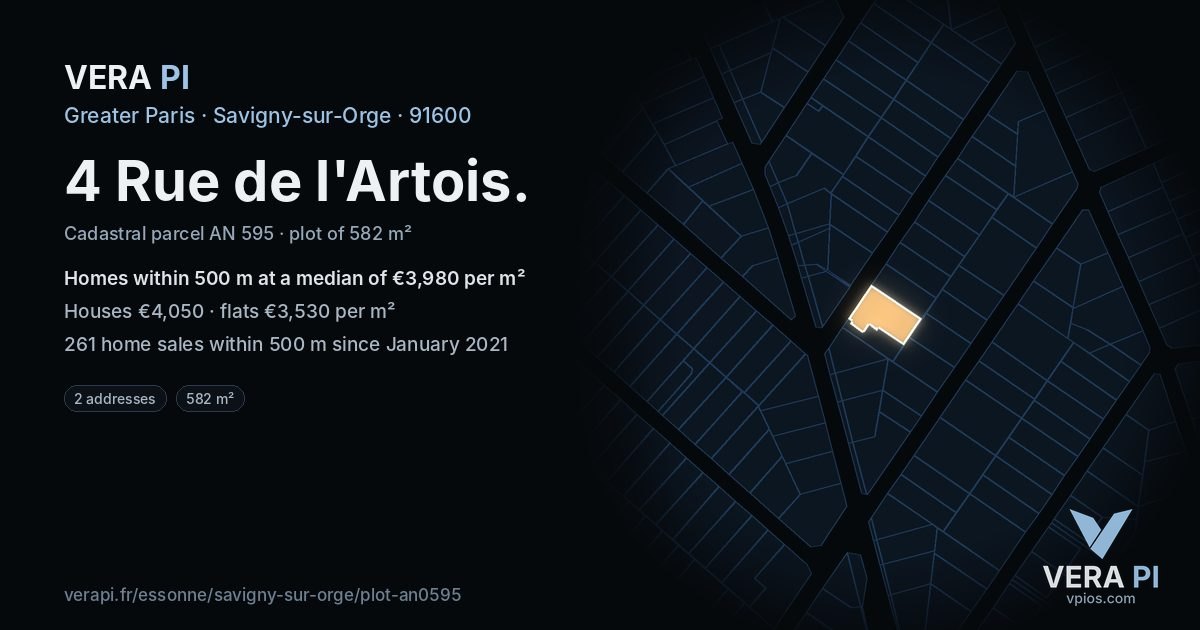 4 Rue de l'Artois, Savigny-sur-Orge at night – the plot lit, the parcels around coloured by the prices near them