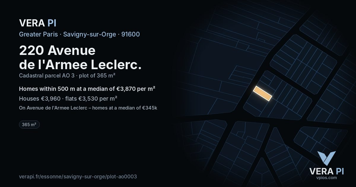 220 Avenue de l'Armee Leclerc, Savigny-sur-Orge at night – the plot lit, the parcels around coloured by the prices near them