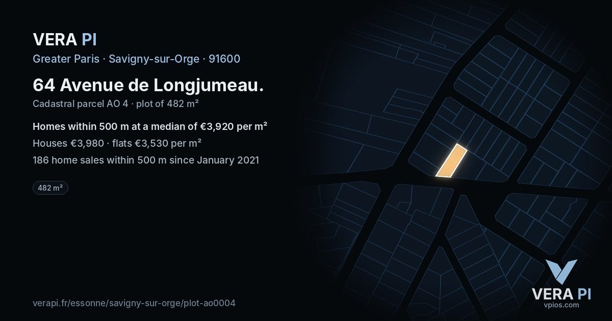 64 Avenue de Longjumeau, Savigny-sur-Orge at night – the plot lit, the parcels around coloured by the prices near them