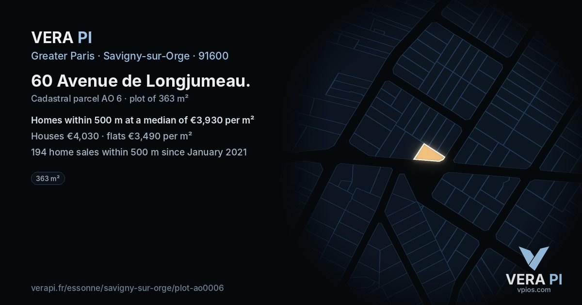 60 Avenue de Longjumeau, Savigny-sur-Orge at night – the plot lit, the parcels around coloured by the prices near them