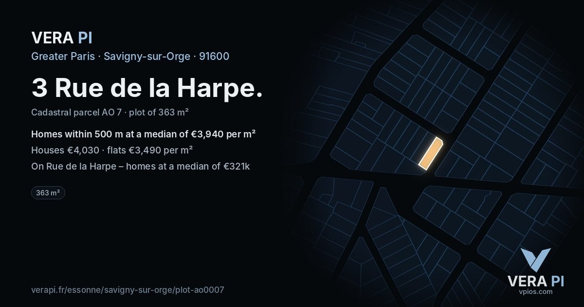 3 Rue de la Harpe, Savigny-sur-Orge at night – the plot lit, the parcels around coloured by the prices near them