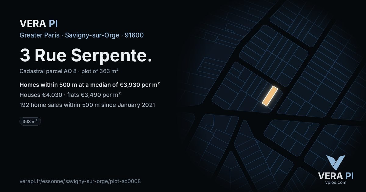 3 Rue Serpente, Savigny-sur-Orge at night – the plot lit, the parcels around coloured by the prices near them