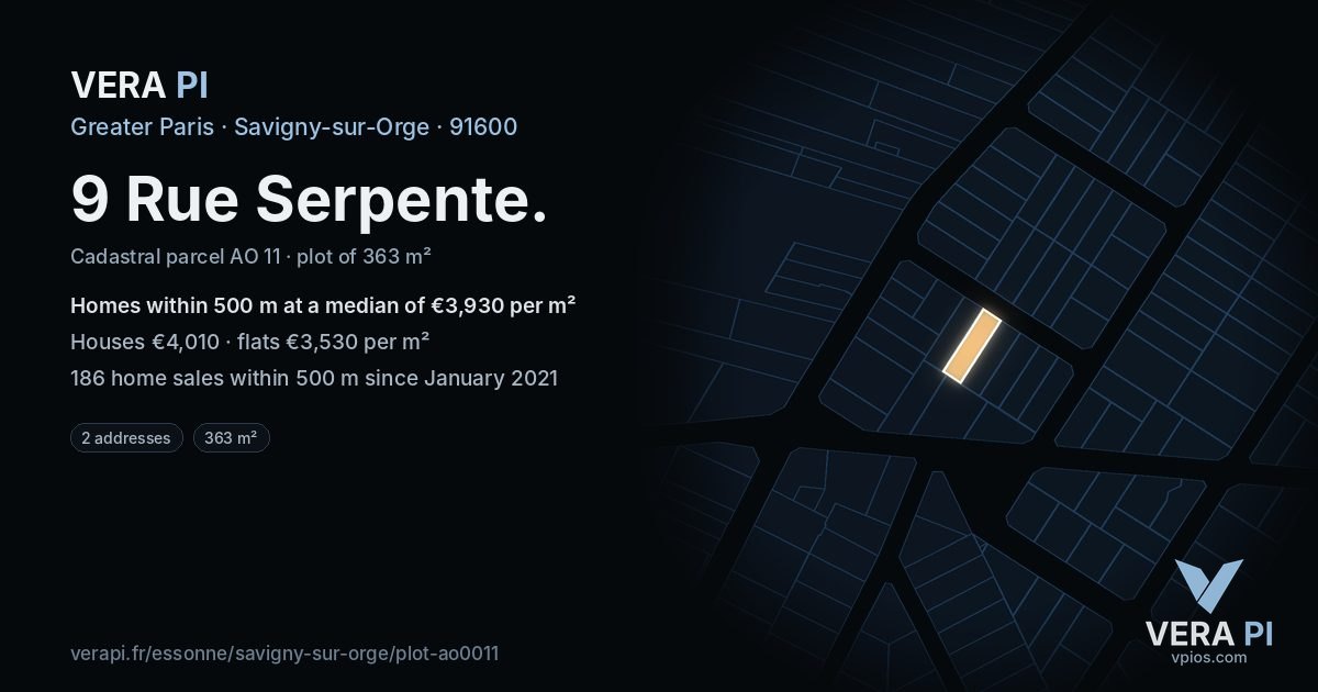 9 Rue Serpente, Savigny-sur-Orge at night – the plot lit, the parcels around coloured by the prices near them