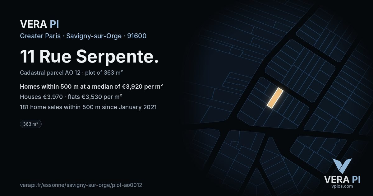 11 Rue Serpente, Savigny-sur-Orge at night – the plot lit, the parcels around coloured by the prices near them