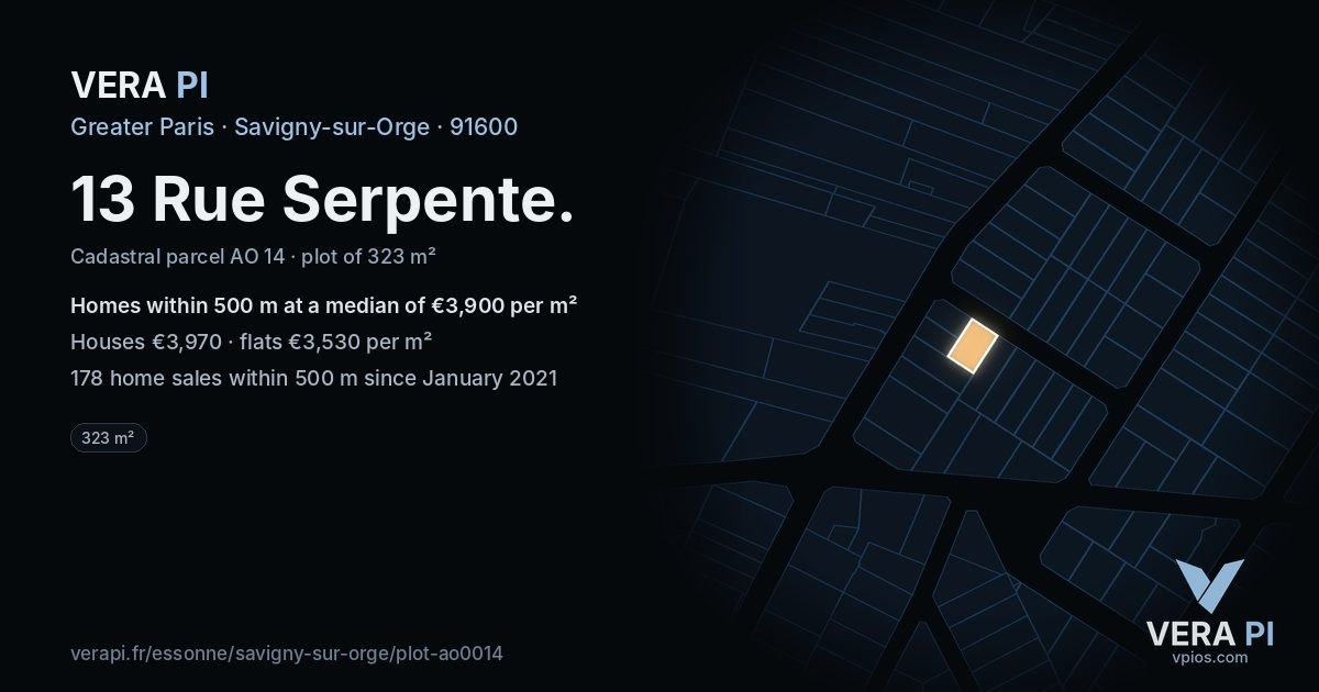 13 Rue Serpente, Savigny-sur-Orge at night – the plot lit, the parcels around coloured by the prices near them
