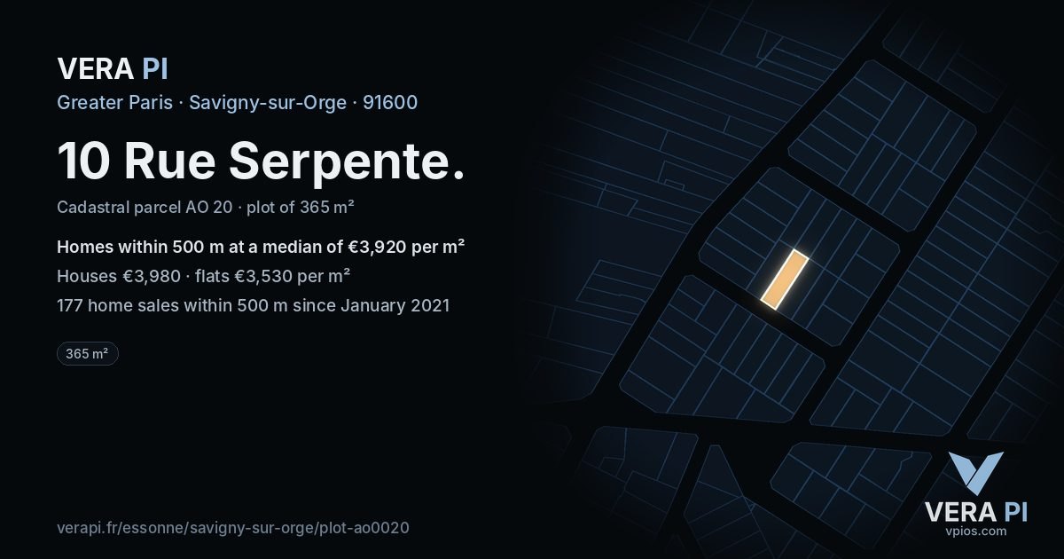 10 Rue Serpente, Savigny-sur-Orge at night – the plot lit, the parcels around coloured by the prices near them