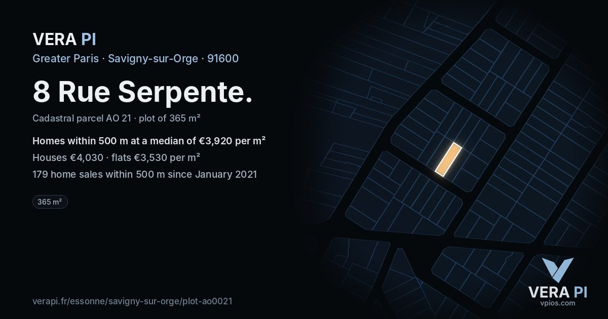 8 Rue Serpente, Savigny-sur-Orge at night – the plot lit, the parcels around coloured by the prices near them
