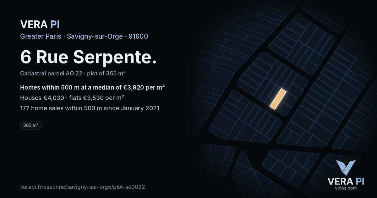 6 Rue Serpente, Savigny-sur-Orge at night – the plot lit, the parcels around coloured by the prices near them