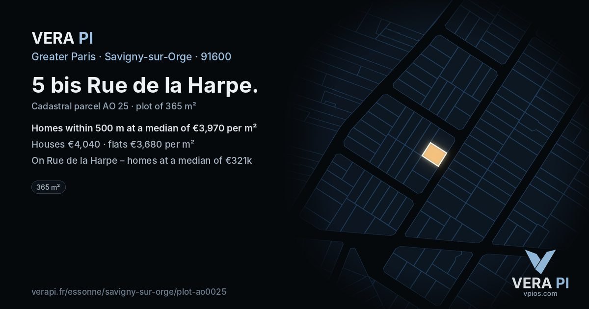 5 bis Rue de la Harpe, Savigny-sur-Orge at night – the plot lit, the parcels around coloured by the prices near them