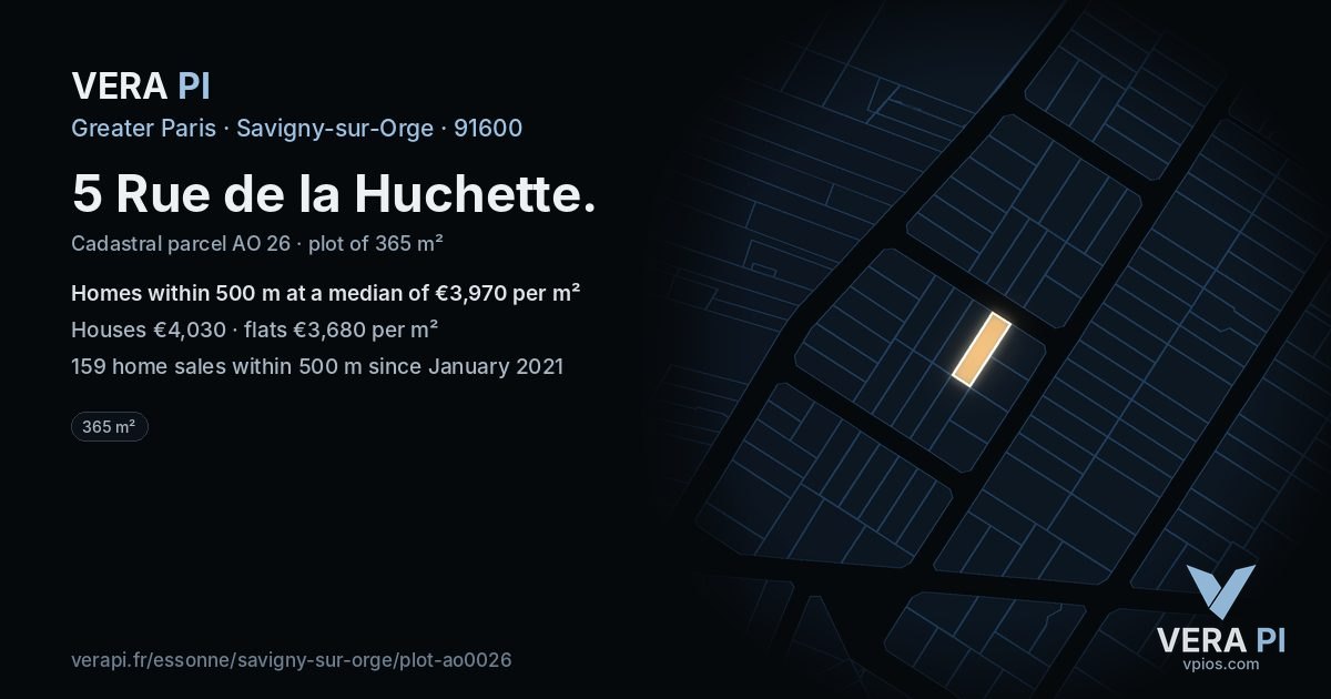 5 Rue de la Huchette, Savigny-sur-Orge at night – the plot lit, the parcels around coloured by the prices near them