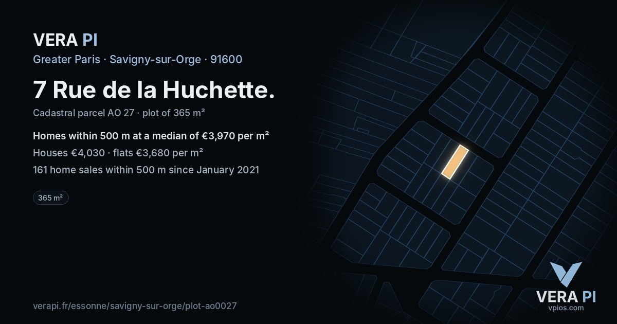 7 Rue de la Huchette, Savigny-sur-Orge at night – the plot lit, the parcels around coloured by the prices near them