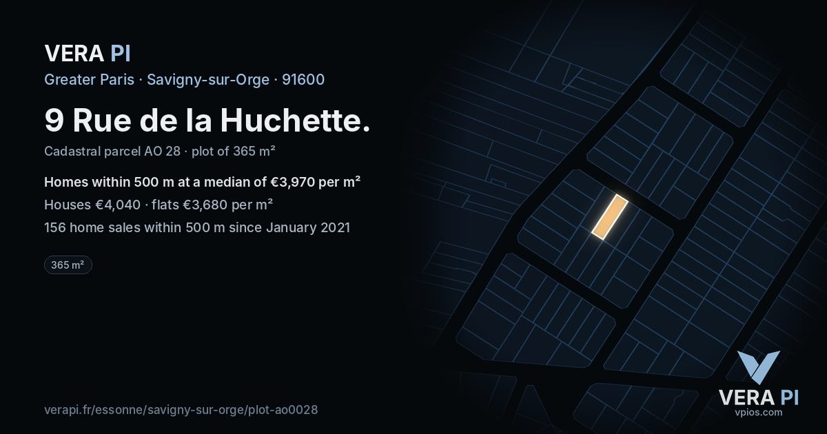 9 Rue de la Huchette, Savigny-sur-Orge at night – the plot lit, the parcels around coloured by the prices near them